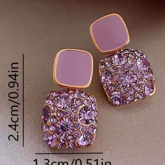 Vibrant Art Deco Purple Square Rhinestone Dangle Drop Earrings for Women - Picture 5 of 5